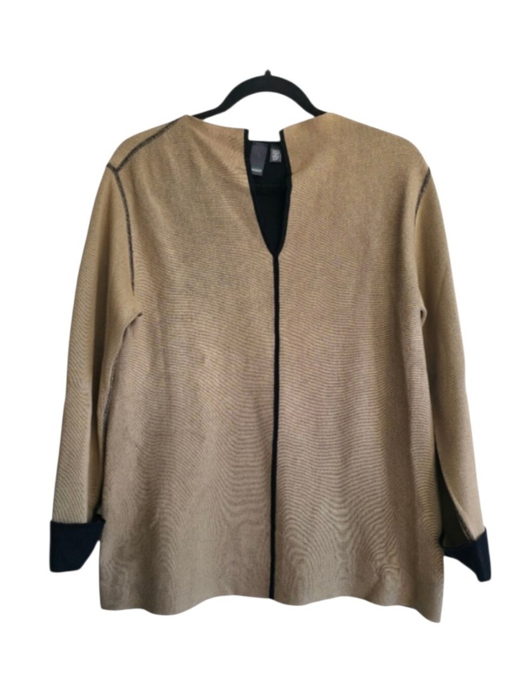 Shannon Passero Open Front Tunic Sweater Oversized Small Tan Black Trim Sz S